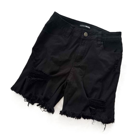 Fashionova Distressed Black Jeans Shorts 26 Frayed Hem High-Waist Ripped - Picture 2 of 7